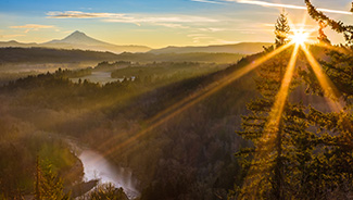 Nature vista with bright sun, evergreen trees, and a river flowing towards a distant mountain range