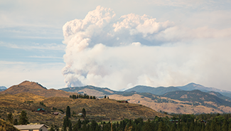 Rolling hills, with sparse trees and mountains in the distance, are clouded by wildfire smoke.